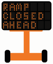Message board saying "ramp closed ahead, use caution" gif