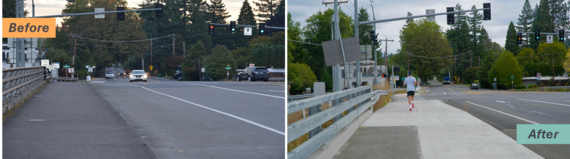 Before and after photos of the widened Denney Road sidewalk