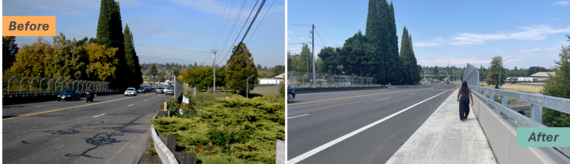 Before and after photos of the new sidewalk on the Hall Boulevard overpass