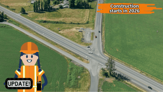 Aerial view of the OR 22 and Kings Valley Highway intersection with construction worker gif