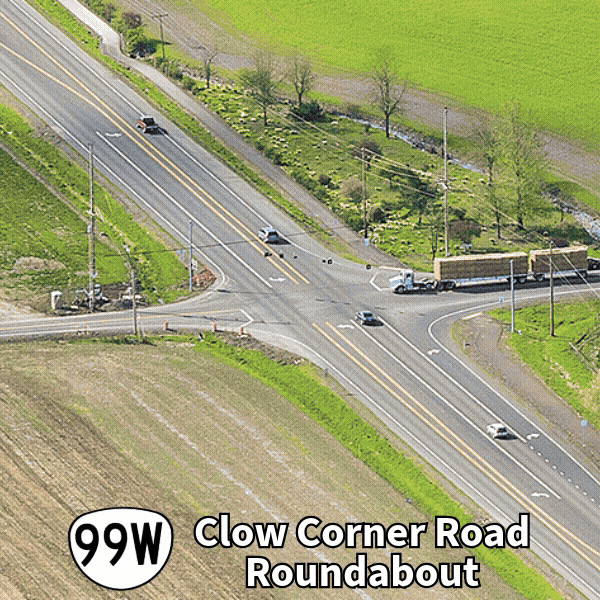 Gif showing construction photos of the OR 99W Clow Corner Roundabout 