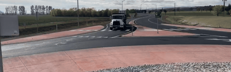 Gif showing semi truck going through the OR 99W Clow Corner Roundabout