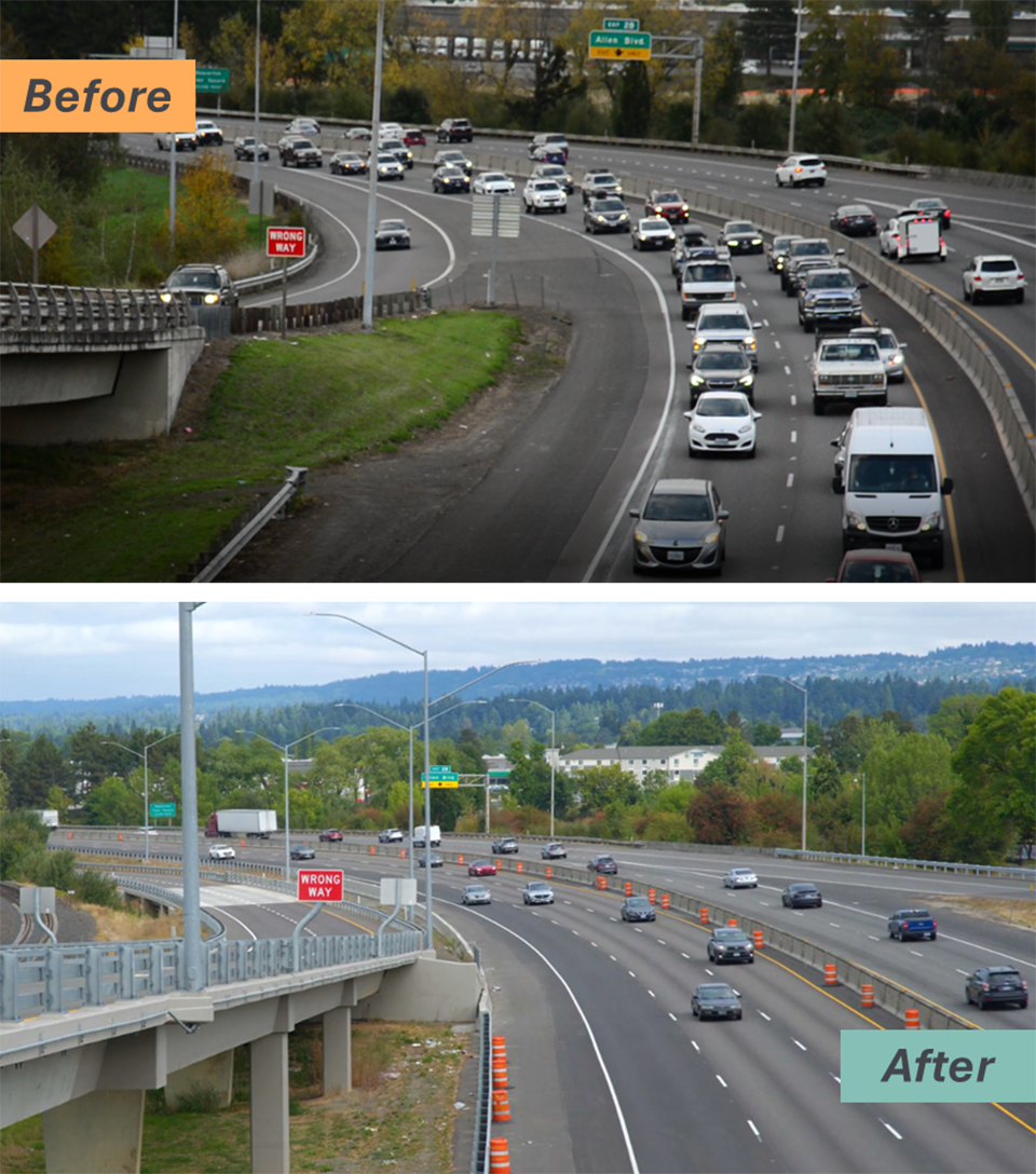 Before and after photos of part of the OR 217 Auxiliary Lanes Project.