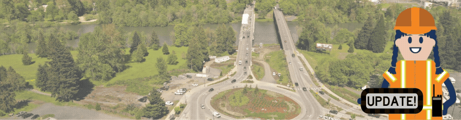 Aerial view of the bridge with construction worker holding update sign icon