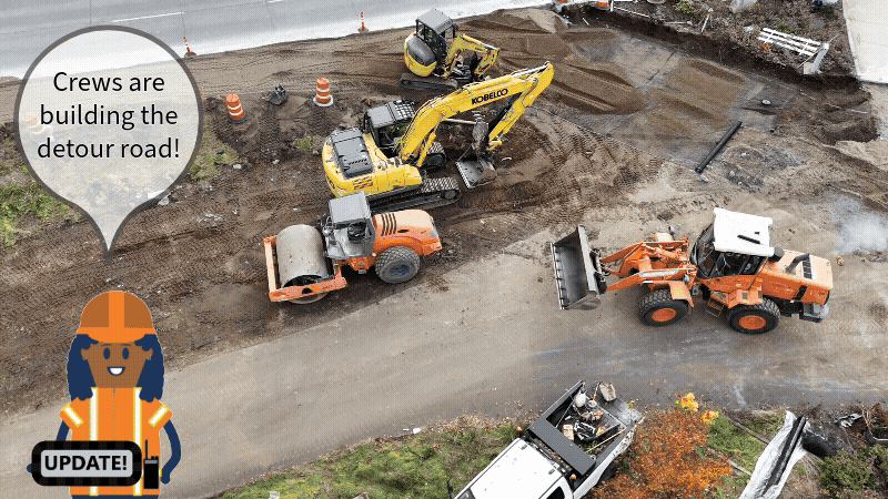 Progress of building the detour road for the OR 126B bridge closure gif