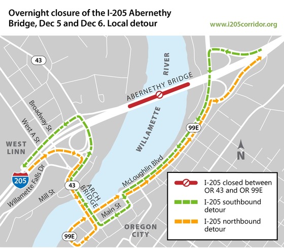 Map showing closed section of I-205 and detour using the Arch Bridge.