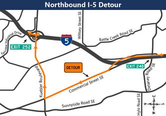 Map showing northbound I-5 detour