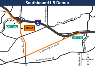 Map showing southbound I-5 detour