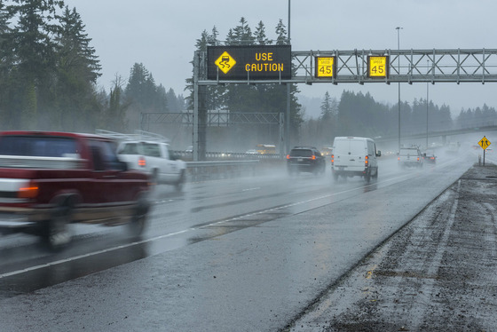 Traffic in the rain on I-205. 