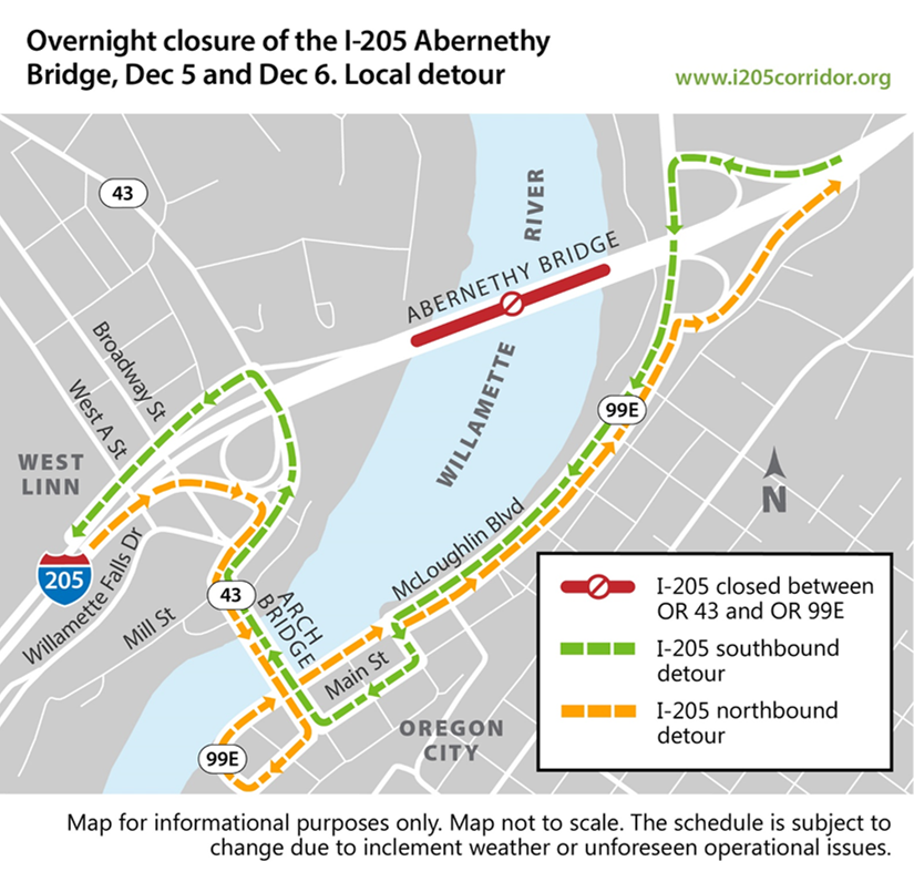 Local detour for Dec. 5-6 overnight closures of Abernethy Bridge on I-205