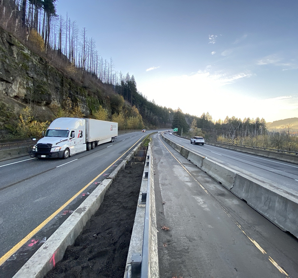 View of I-84 showing all travel lanes open at McCord Creek