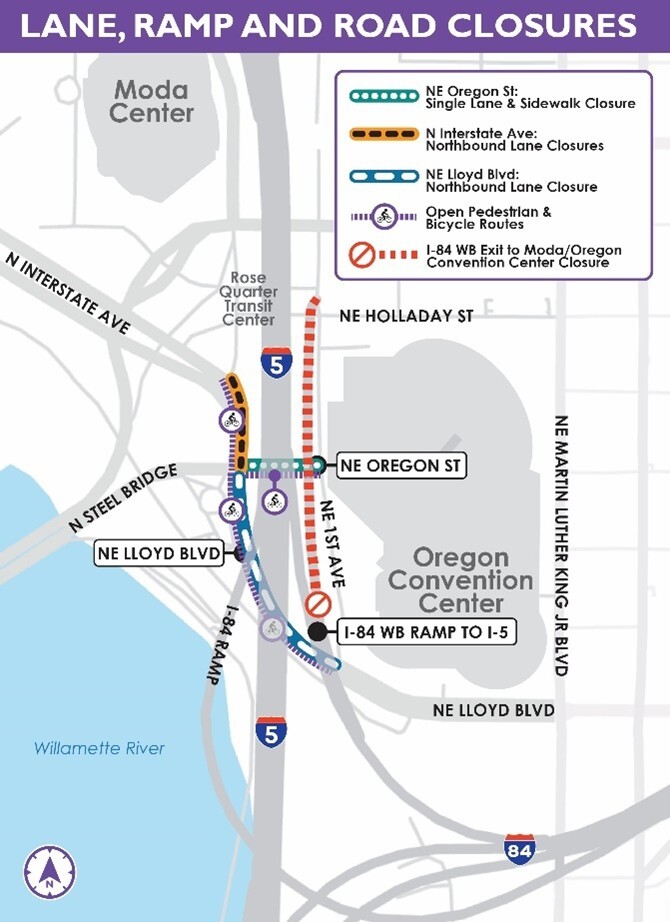 Map of lane, ramp and road closures in the Rose Quarter area.
