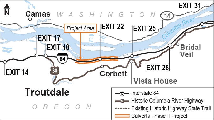 Map showing where the five culverts are being repaired between the Sandy River and Multnomah Falls
