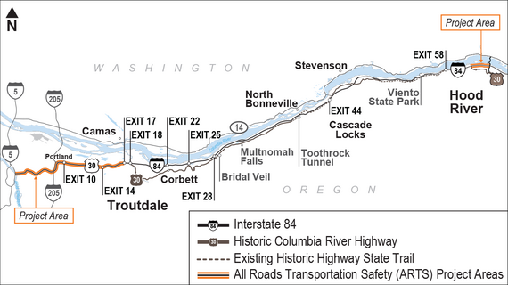 Map showing where the 15 ARTS improvements will be located in Portland and Hood River