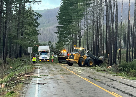 A box truck hit with falling trees on OR 22 west of Detroit.