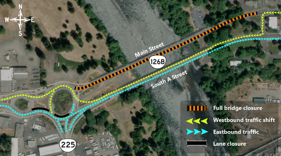 Map showing how westbound traffic will detour onto the South A Street Bridge