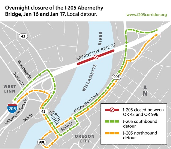 Map of local detour during overnight I-205 Abernethy Bridge closure