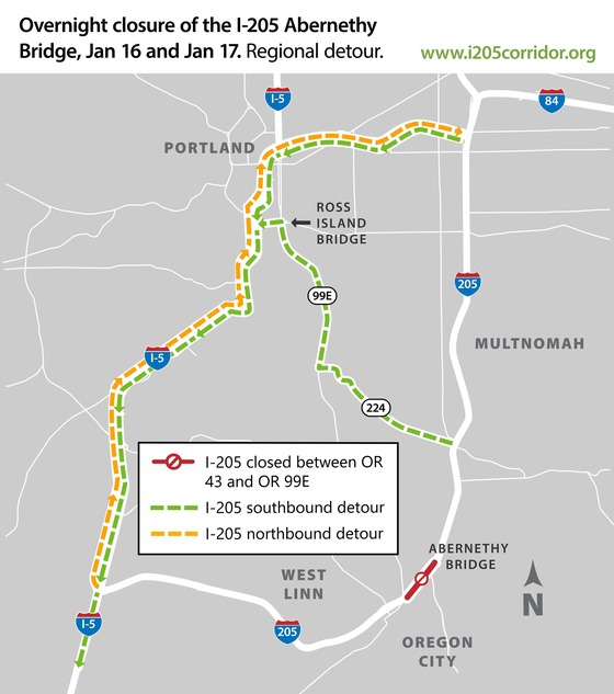 Map of regional detour during overnight I-205 Abernethy Bridge closure