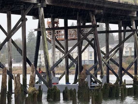 Picture of crews working in a boat under the Old Youngs Bay Bridge