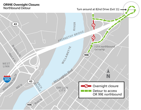 Northbound detour map for Jan. 8-9 overnight closures of OR 99E under the Abernethy Bridge on I-205.