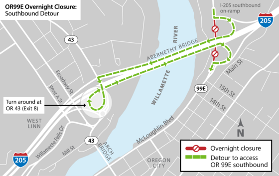 Southbound detour for Jan. 8-9 overnight closures of OR 99E under the Abernethy Bridge on Interstate 205.