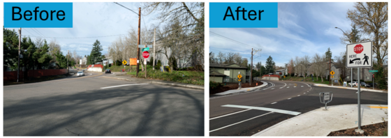 SW Hall Boulevard at SW Hemlock Street before (left) and after (right) new enhanced pedestrian crossing.