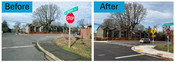 SW Hall Boulevard at SW Spruce Street before (left) and after (right) new enhanced pedestrian crossing.