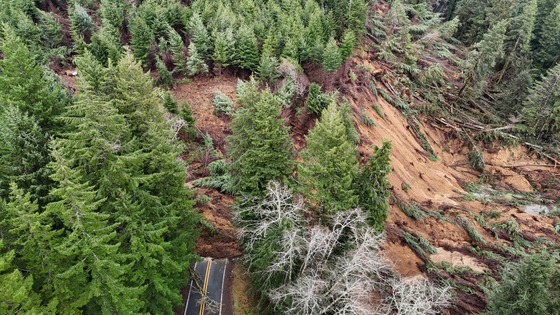 Drone footage of the massive landslide on OR 229 that will leave the highway closed long term. 