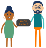 Icon of people holding sign between them that reads: You're Invited!