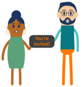 Icon of people holding sign between them that reads: You're Invited!