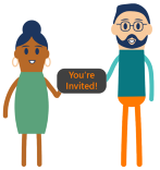 Icon of people holding sign between them that reads: You're Invited!