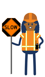 Flagger holding sign that reads SLOW gif