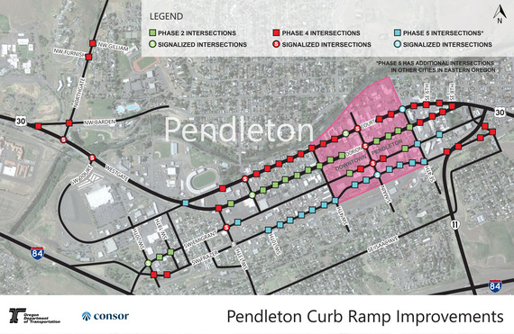 Map of curb ramp upgrades in Pendleton