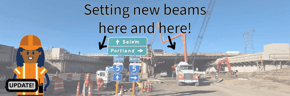 West-facing photo of the Aurora Donald Interchange project area with text reading “Setting new beams here and here” and arrows marking beam locations.