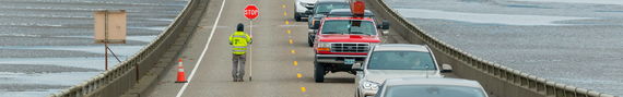 Photo showing flaggers on the Astoria-Megler Bridge