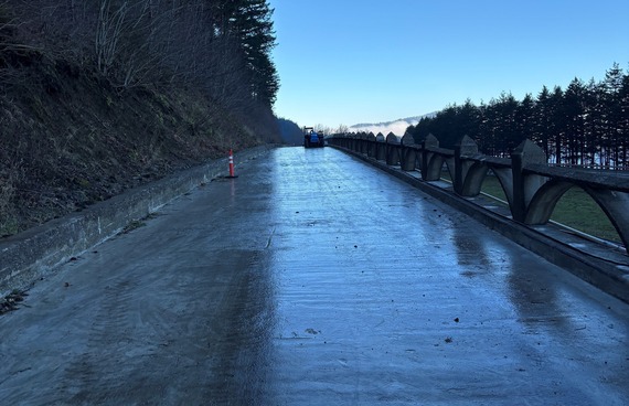 View of the east viaduct after crews poured new concrete on the road surface.