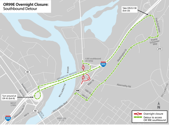 Southbound detour during overnight closure of OR99E under Abernethy Bridge