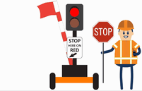 Gif showing worker with stop sign next to an automated flagging assistant device with flag moving up and down