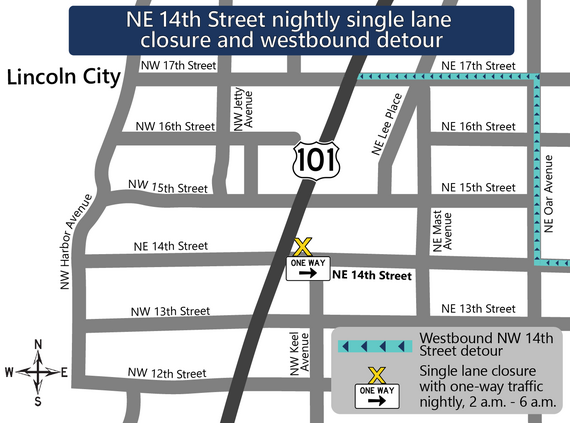 Detour map of NE 14th Street nighttime closure
