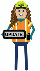 Gif of worker holding flashing sign that reads UPDATE!