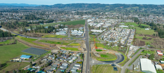 Aerial view of construction on the Newberg-Dundee Bypass Phase 2A