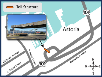 Graphic showing location of toll structure on the Astoria-Megler Bridge ramp