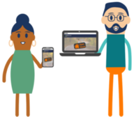 People holding laptop and phone online open house icon