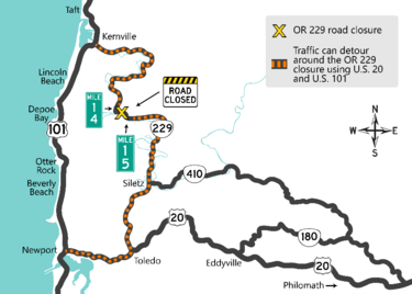 Map of detour route around OR 229 closure caused by landslide. 