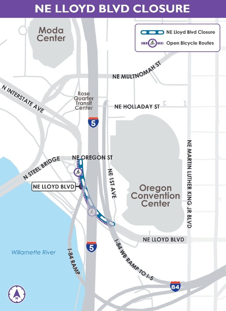 Map of construction closure on NE Lloyd Blvd between NE 1st Avenue and NE Oregon St. Routes for bicyclists and pedestrians will remain open..