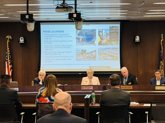 Photo of project team members presenting project information to the Oregon Transportation Commission.