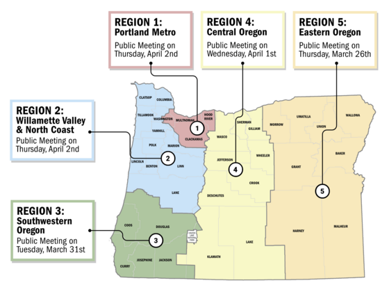 Map of Oregon showing the five ODOT regions in the state.