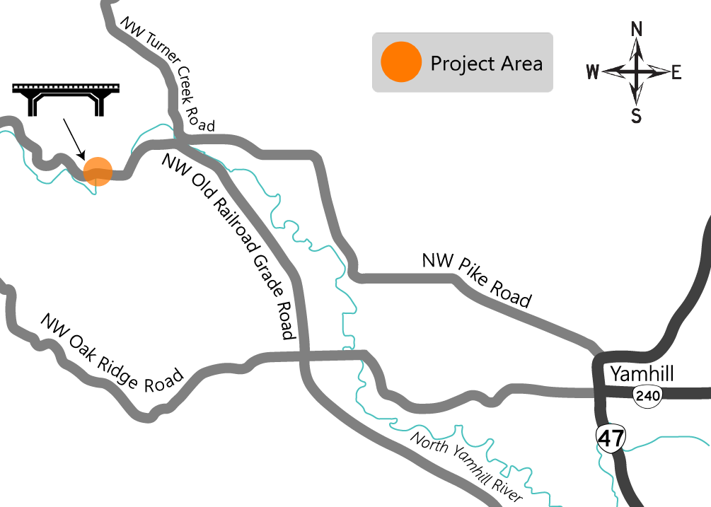 Project area map highlighting the Old Railroad Grade Bridge on NW Old Railroad Grade Road in Yamhill County
