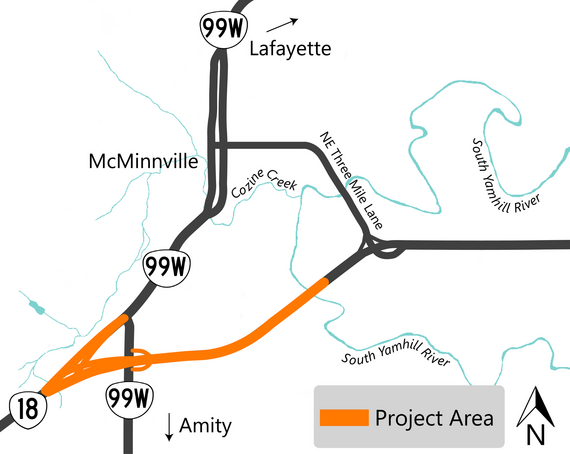 Map highlighting the project area on OR 18 in McMinnville