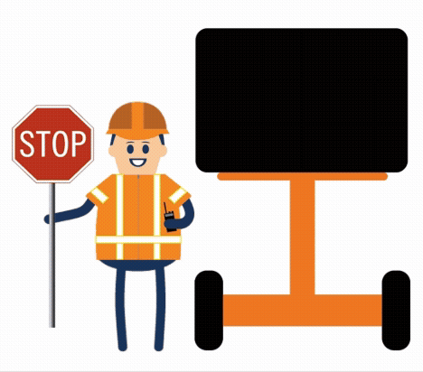 Cartoon flagger moving a "stop" sign paddle and a portable message board saying "Road work ahead! Use caution"